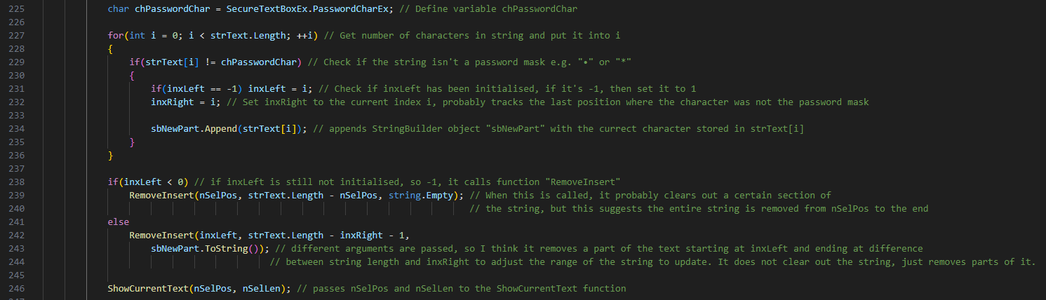 Screenshot shows the portion of sourcecode from KeePass - SecureTextBoxEx.cs - which stores the password in memory in plain text