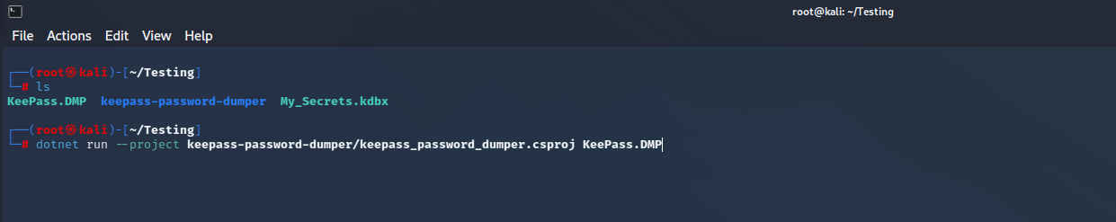 Screenshot of a Kali Linux machine running the keepass-password-dumper tool against the KeePass.DMP file extracted from the victim's machine