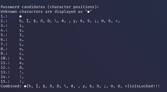 Output from the keepass_password_dumper tool shows successive characters identified: h, i, s, I, s, L, o, c, k, e, d, !, !, !