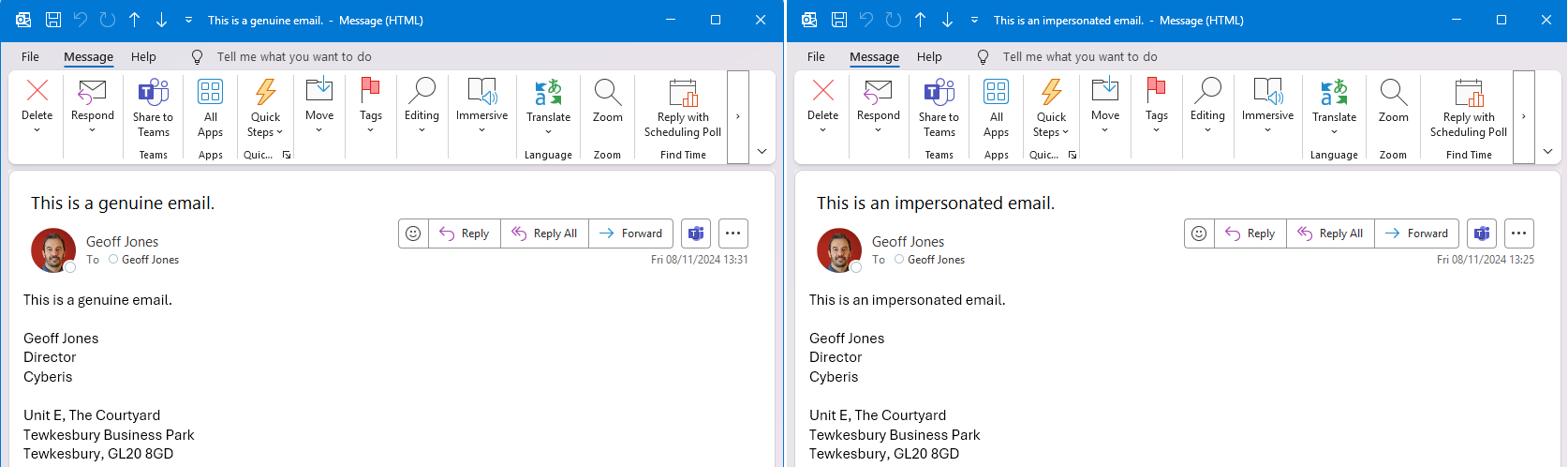 Side by side comparison of a genuine email vs an impersonated email